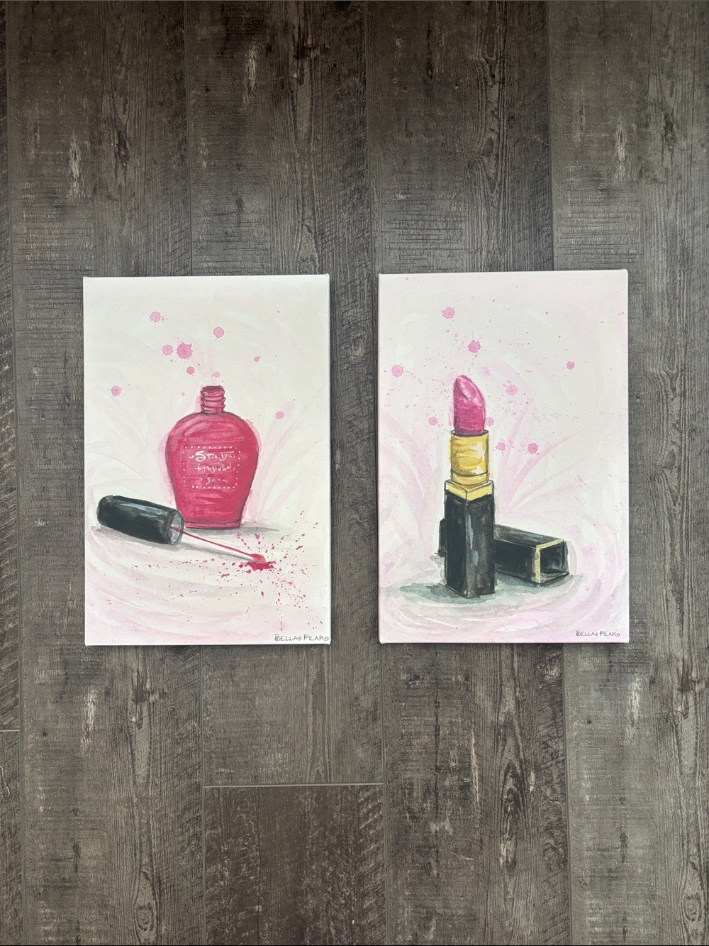 Set Of 2 Pink Lipstick & Nail Polish Canvas Art Home Art By Bella Pilar Matching